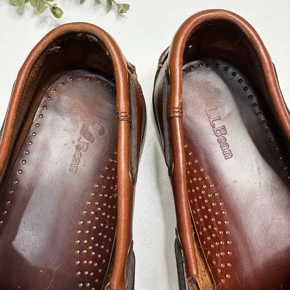 LL Bean Leather Boat Shoes Mens Size 9 Brown Lace Up Loafers Casual Comfort